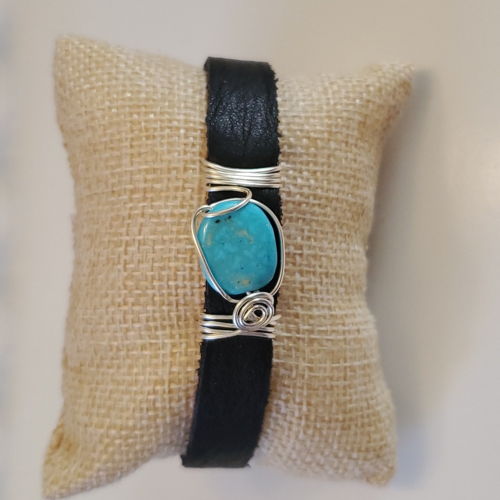 Handcrafted copper leather and genuine turquoise bracelet